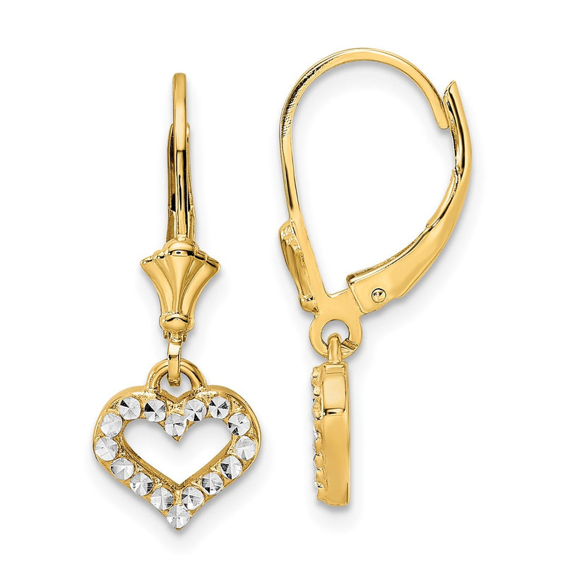14K Yellow & Rhodium White D/C Heart Leverback Earrings
