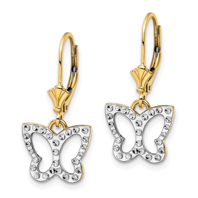 14K Yellow & Rhodium White D/C Butterfly Leverback Earrings