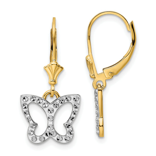14K Yellow & Rhodium White D/C Butterfly Leverback Earrings