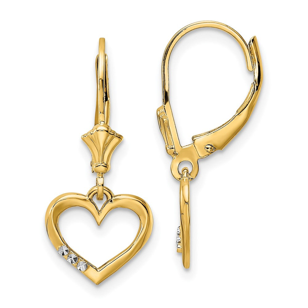 14K Yellow & Rhodium White D/C Heart Leverback Earrings