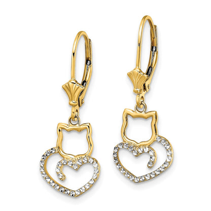 14K Yellow & Rhodium White D/C Cat Heart Leverback Earrings
