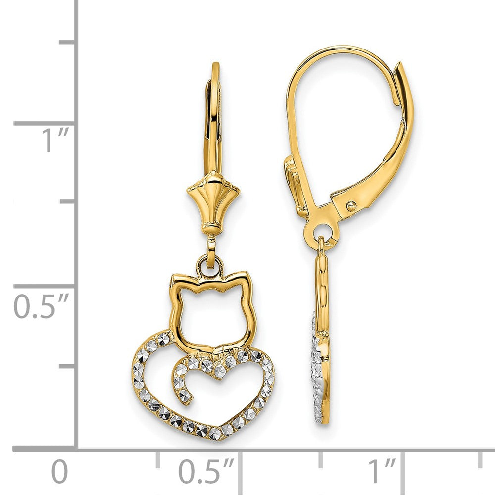 14K Yellow & Rhodium White D/C Cat Heart Leverback Earrings