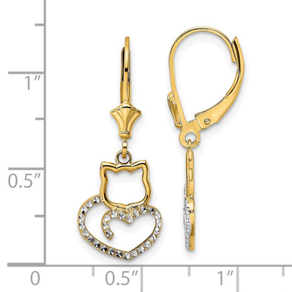 14K Yellow & Rhodium White D/C Cat Heart Leverback Earrings