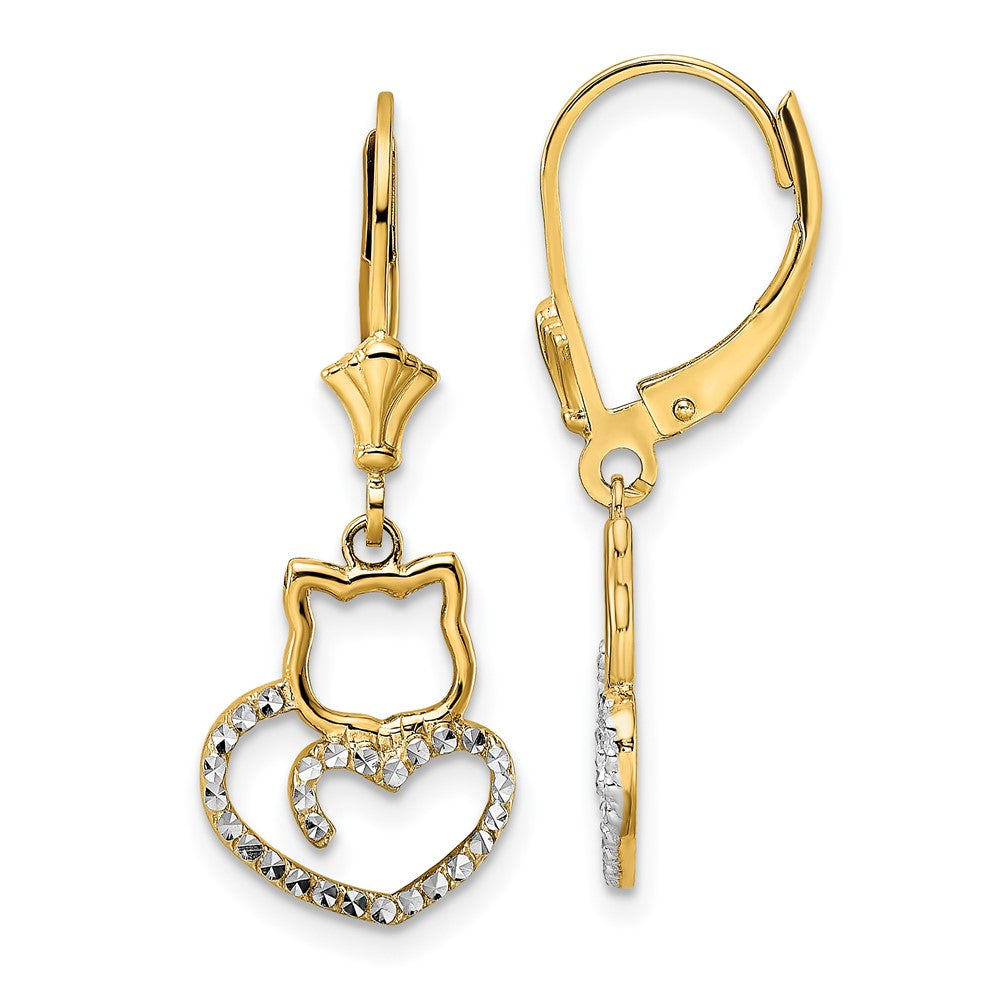 14K Yellow & Rhodium White D/C Cat Heart Leverback Earrings
