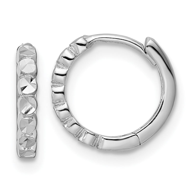 14K White Gold Diamond-Cut 2X12mm Hinged Hoop Earrings