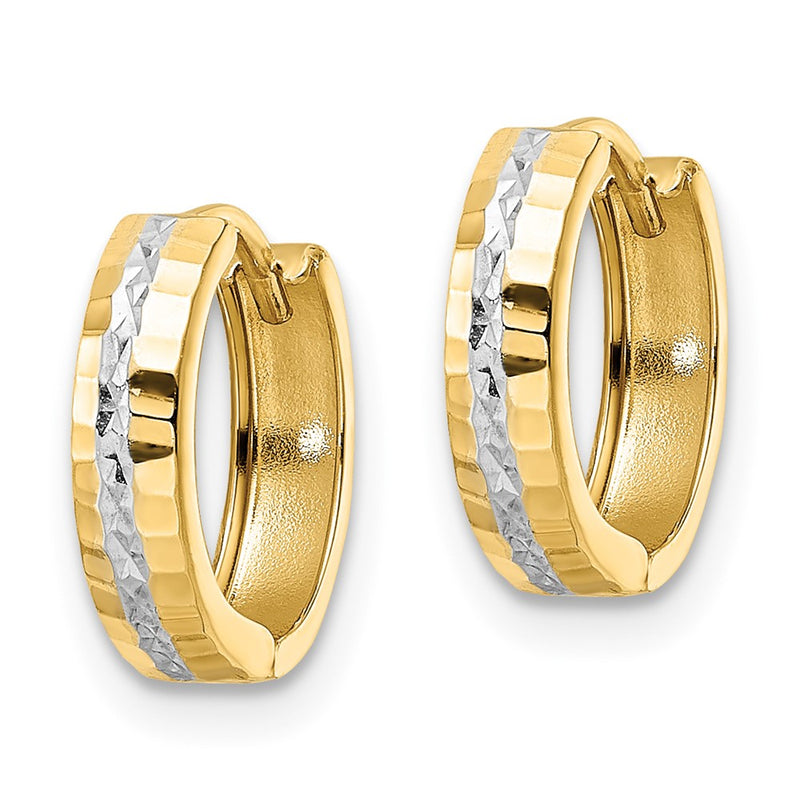 14K Yellow & Rhodium W/Rhodium Diamond-Cut 3X12mm Hinged Hoop Earrings