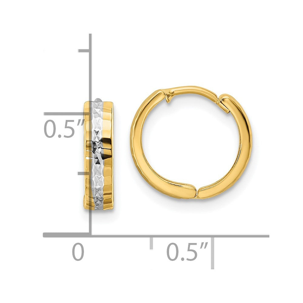 14K Yellow & Rhodium W/Rhodium Diamond-Cut 3X12mm Hinged Hoop Earrings