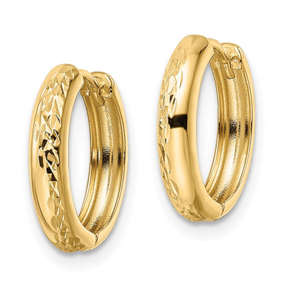 14K Yellow Gold Polished Textured 3X15mm Hinged Hoop Earrings
