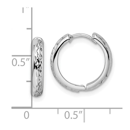14K White Gold Polished Textured 3X15mm Hinged Hoop Earrings