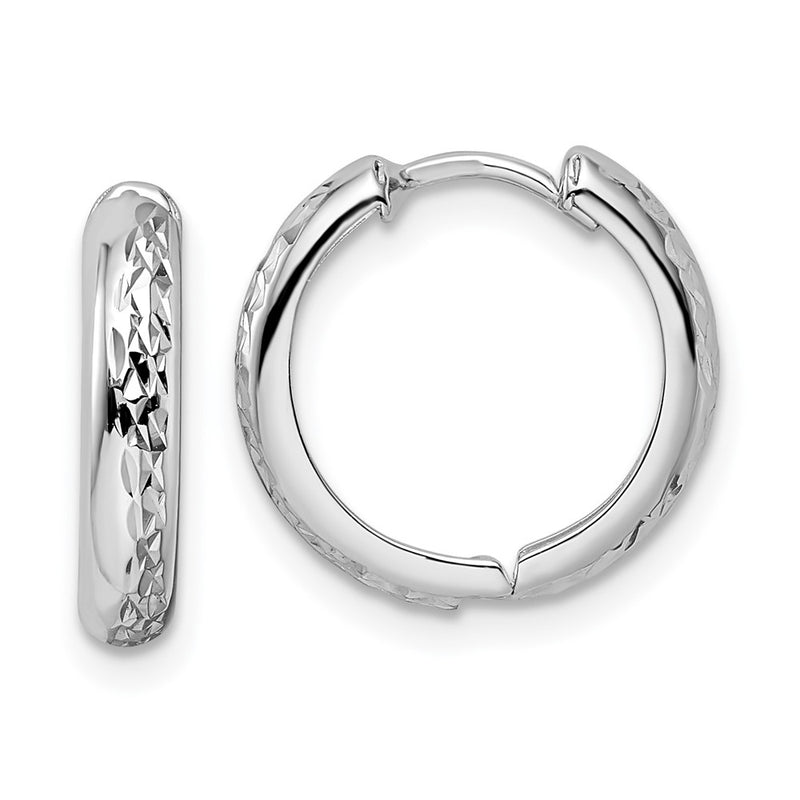 14K White Gold Polished Textured 3X15mm Hinged Hoop Earrings