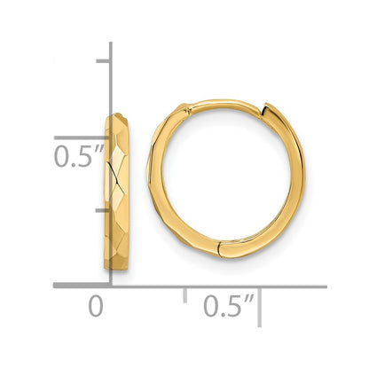 14K Yellow Gold Polished Faceted 2X14mm Hinged Hoop Earrings