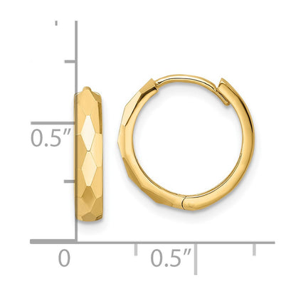 14K Yellow Gold Polished Faceted 3X15mm Hinged Hoop Earrings