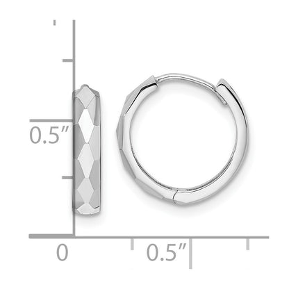 14K White Gold Polished Faceted 3X15mm Hinged Hoop Earrings