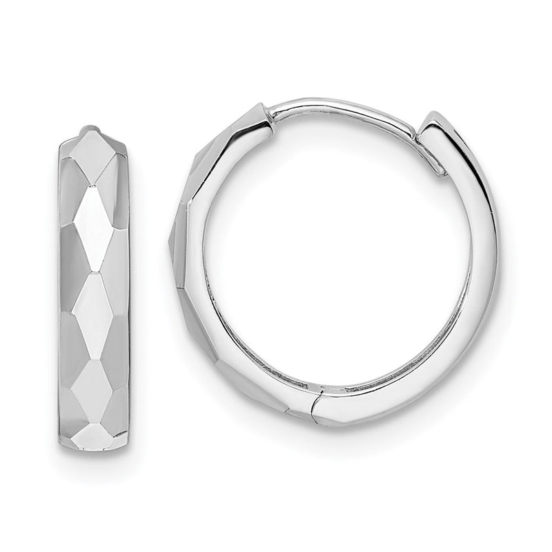 14K White Gold Polished Faceted 3X15mm Hinged Hoop Earrings