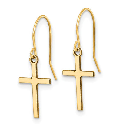 14K Yellow Gold Dangle Cross Shepherd Hook Earrings