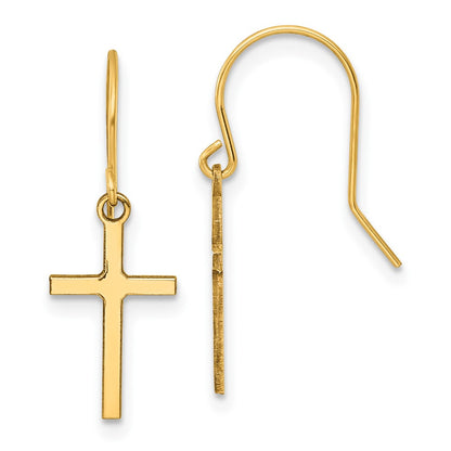 14K Yellow Gold Dangle Cross Shepherd Hook Earrings