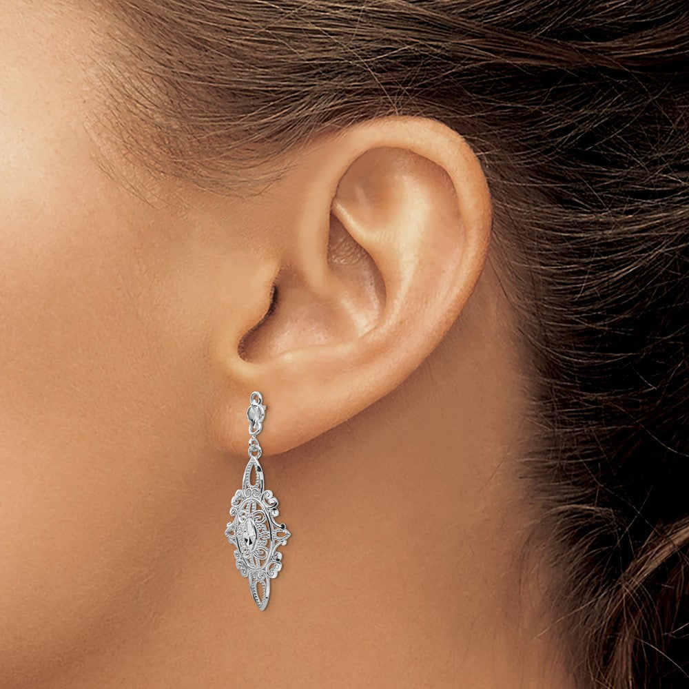 14K White Gold Diamond-Cut Filigree Dangle Earrings