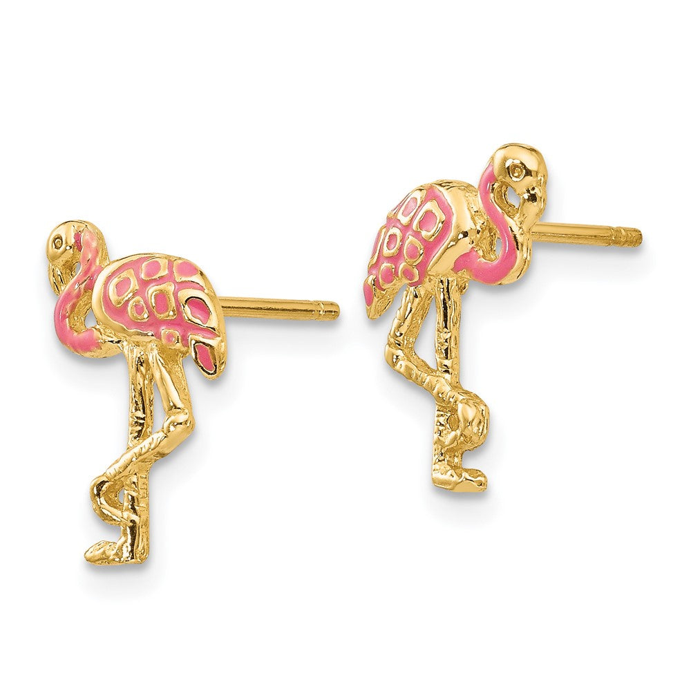14K Yellow Gold Pink Enameled Flamingo Post Earrings