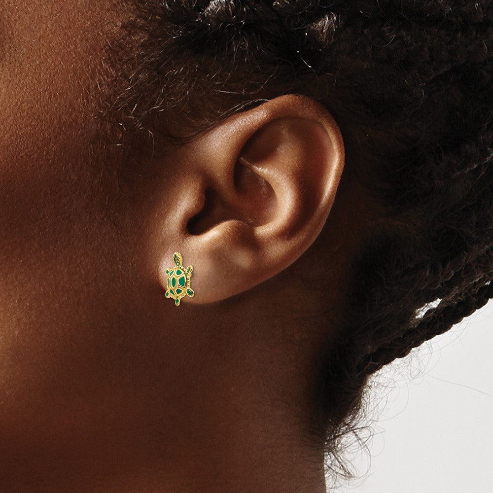 14K Yellow Gold Green Enameled Turtle Post Earrings