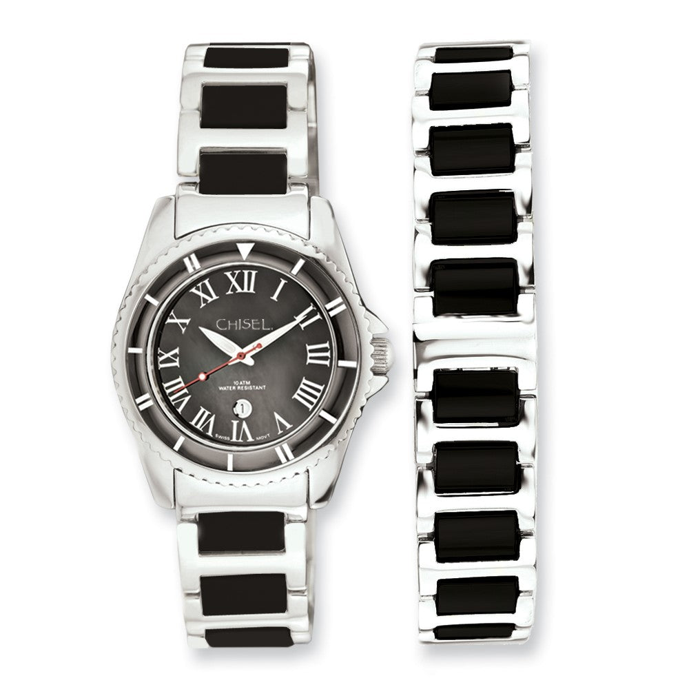 Ceramic Ladies Chisel & Stainless Steel Black Dial Watch 7.5In Bracelet S