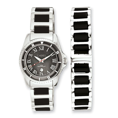 Ceramic Ladies Chisel & Stainless Steel Black Dial Watch 7.5In Bracelet S