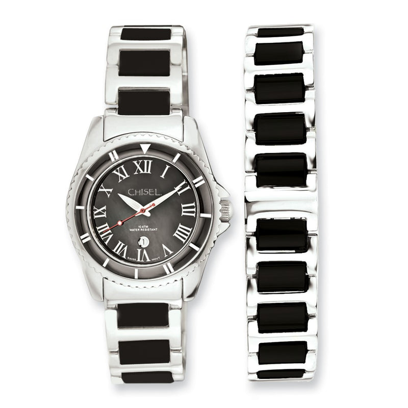 Ceramic Ladies Chisel & Stainless Steel Black Dial Watch 7.5In Bracelet S