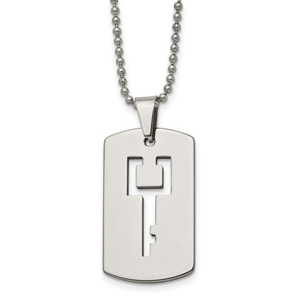 Tungsten Chisel Polished Dog Tag With Key Cut-Out 22 Inch Necklace