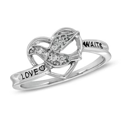 Natural Diamond Accent "Love Waits" Heart-Shaped Purity Ring in Sterling Silver