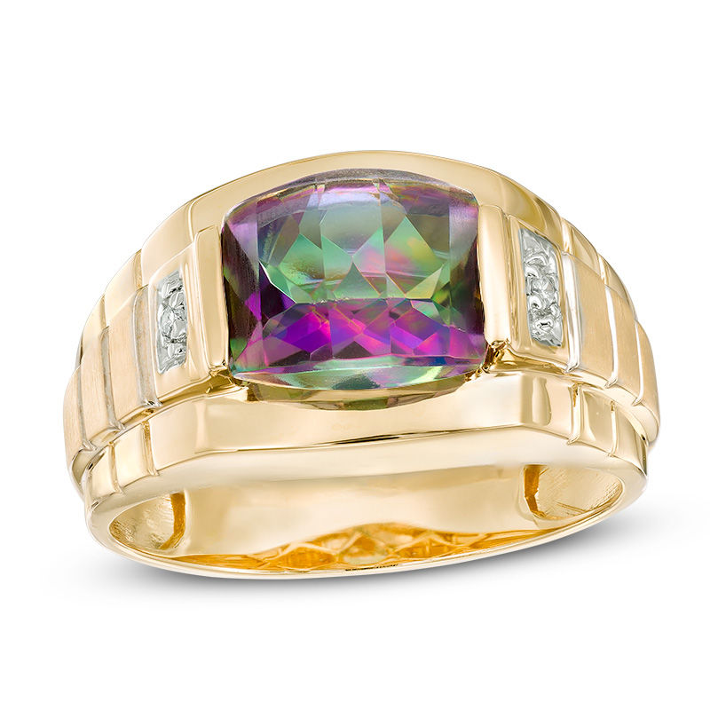 Barrel-Cut Mystic FireÂ® Topaz and Diamond Accent Textured Satin Ring in 10K Gold