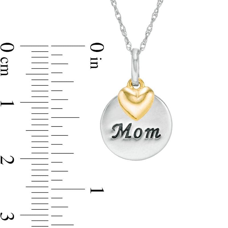 "Mom" Round Disc Pendant with Puffed Heart Charm in 10K Two-Tone Gold