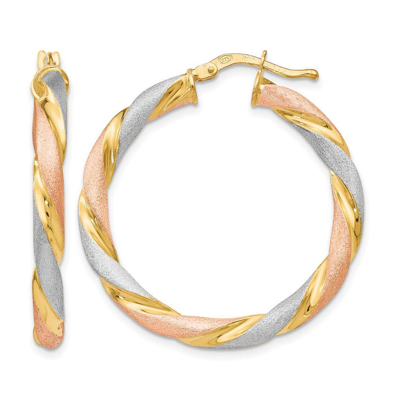 Sterling Silver Tri Color Twisted Hinged Hoop Earrings