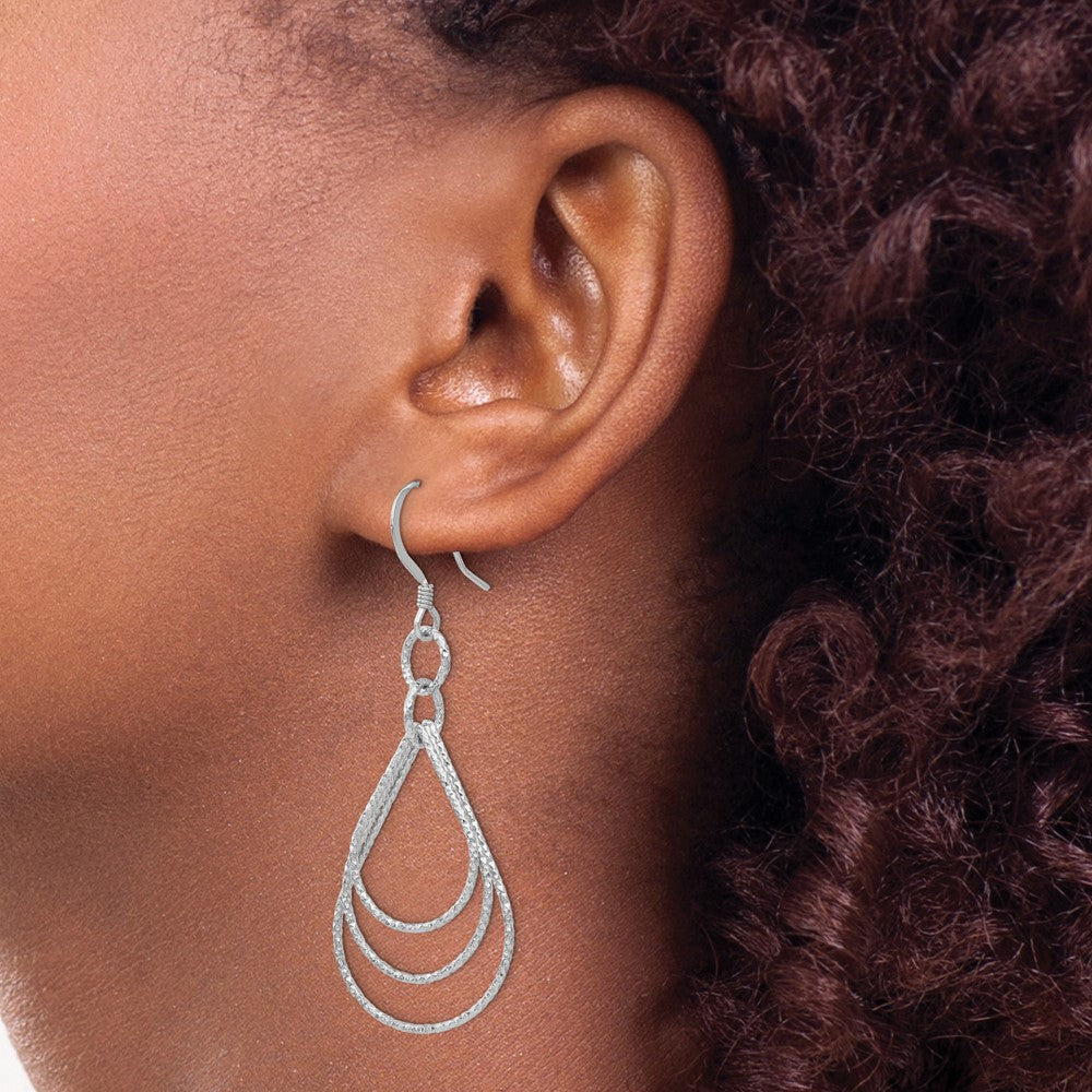 Sterling Silver Rhod Pltd Textured Shepherd Hook Dangle Earrings