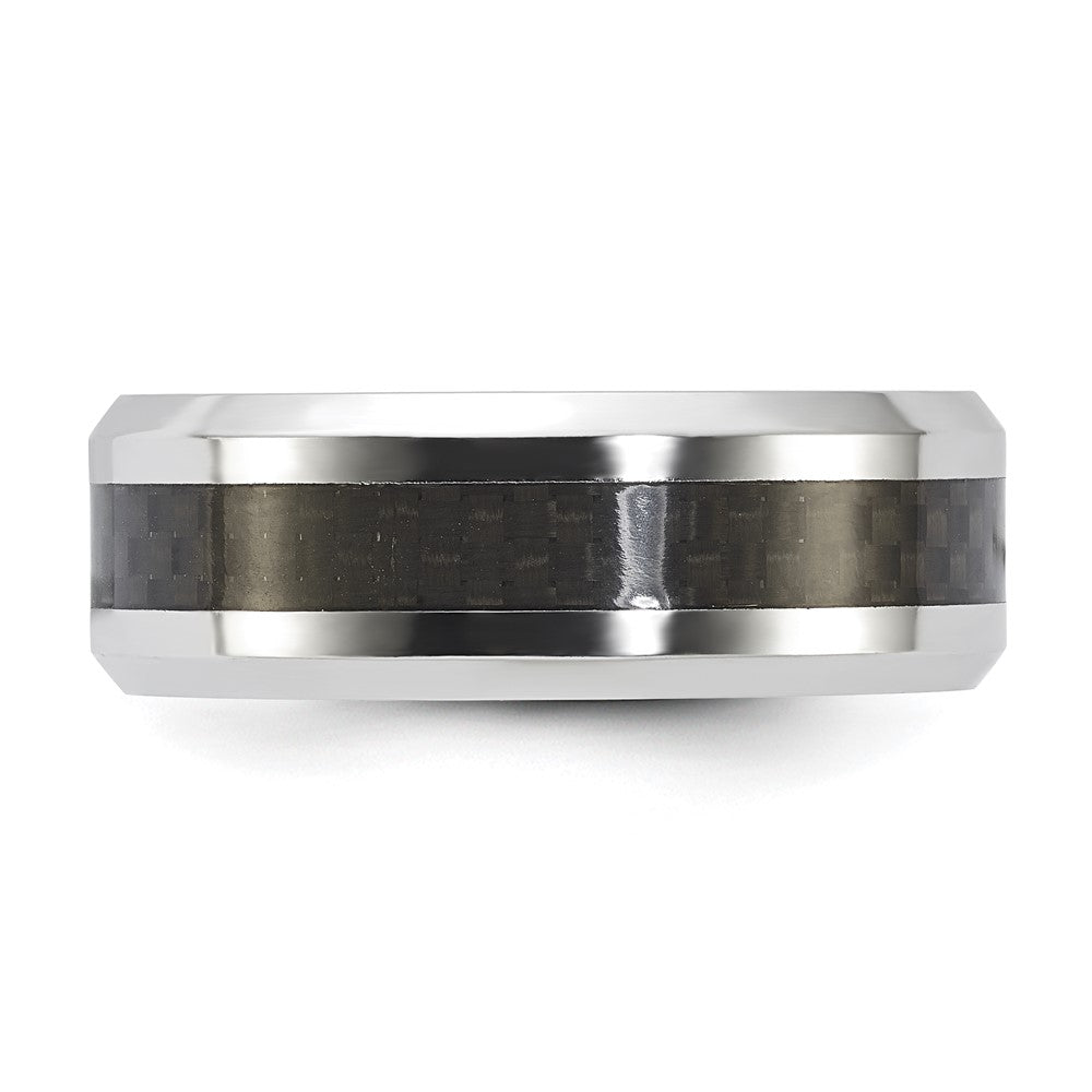 Vitalium Black Polished Carbon Fiber Inlay Beveled Edge 8mm Band (Size 10 Only)