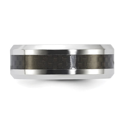 Vitalium Black Polished Carbon Fiber Inlay Beveled Edge 8mm Band (Size 10 Only)