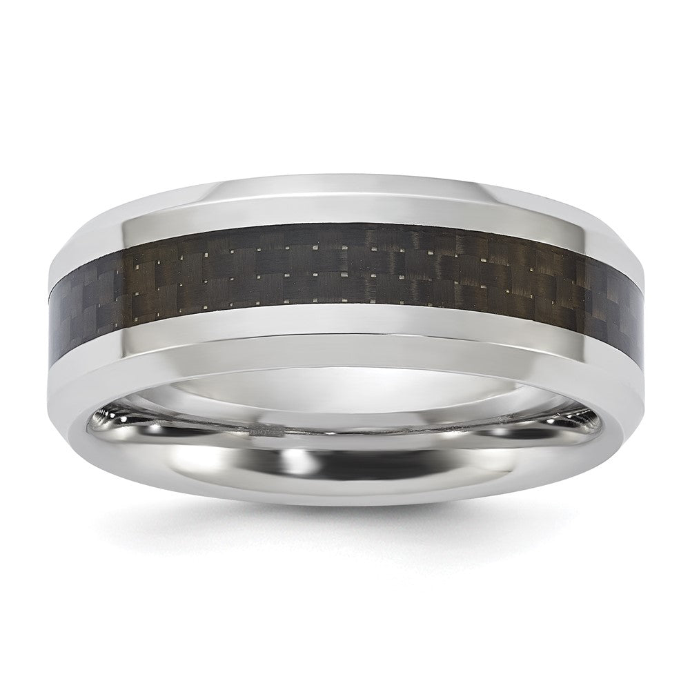 Vitalium Black Polished Carbon Fiber Inlay Beveled Edge 8mm Band (Size 10 Only)