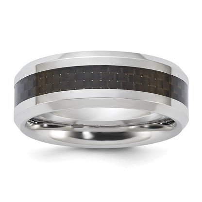 Vitalium Black Polished Carbon Fiber Inlay Beveled Edge 8mm Band (Size 10 Only)