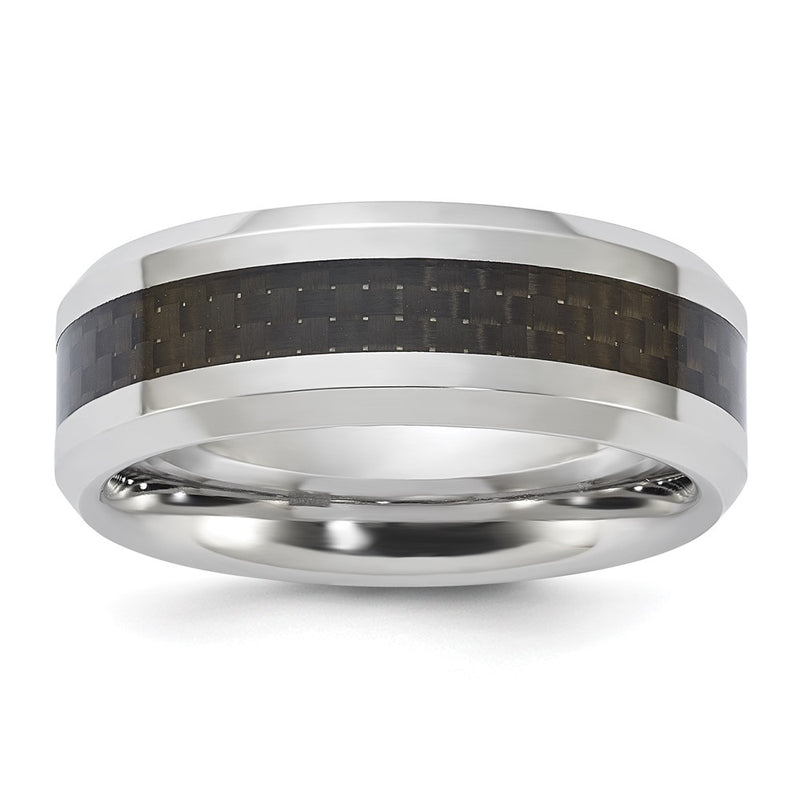 Vitalium Black Polished Carbon Fiber Inlay Beveled Edge 8mm Band (Size 10 Only)