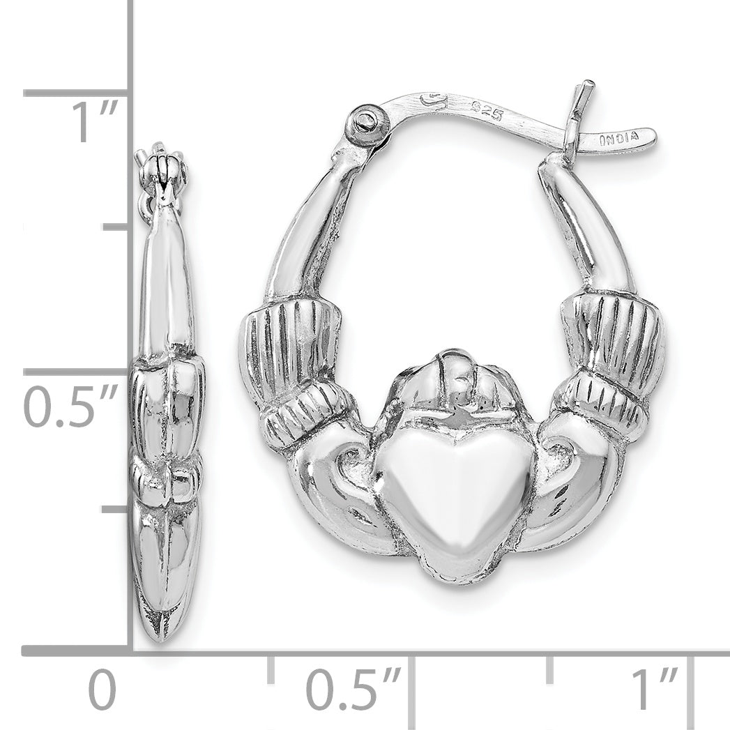 Sterling Silver Rhodium Plated Polished Claddagh Hoop Earrings