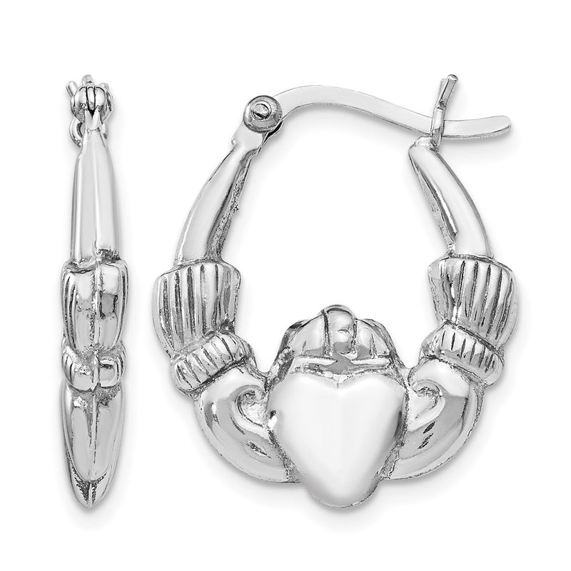 Sterling Silver Rhodium Plated Polished Claddagh Hoop Earrings