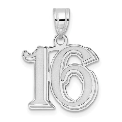 14K White Gold Polished Etched Number 16 Pendant