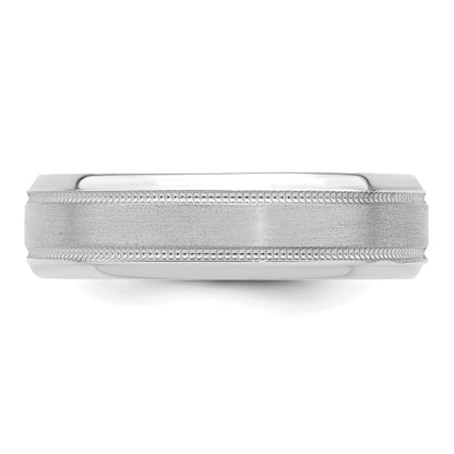 14K White Gold 6mm Lightweight Comfort Fit Brushed Satin/Polished Milgrain Grooved Edge Wedding Band