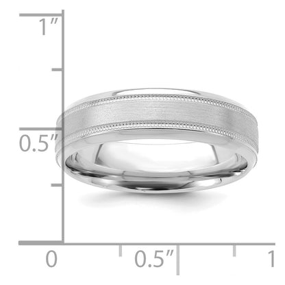 14K White Gold 6mm Lightweight Comfort Fit Brushed Satin/Polished Milgrain Grooved Edge Wedding Band