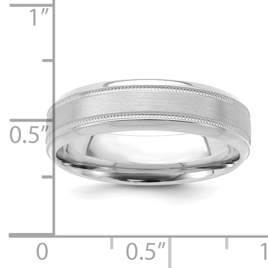 14K White Gold 6mm Lightweight Comfort Fit Brushed Satin/Polished Milgrain Grooved Edge Wedding Band