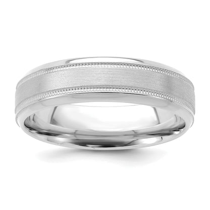 14K White Gold 6mm Lightweight Comfort Fit Brushed Satin/Polished Milgrain Grooved Edge Wedding Band