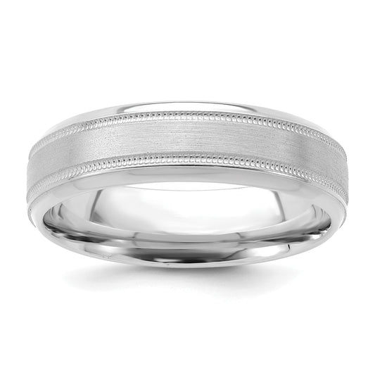 14K White Gold 6mm Heavyweight Comfort Fit Brushed Satin/Polished Milgrain Grooved Edge Wedding Band
