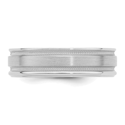 14K White Gold 6mm Standard Weight Comfort Fit Brushed Satin/Polished Milgrain Grooved Edge Wedding Band