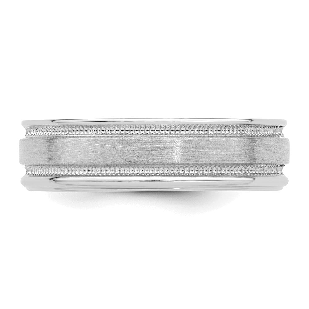14K White Gold 6mm Lightweight Comfort Fit Brushed Satin/Polished Milgrain Grooved Edge Wedding Band