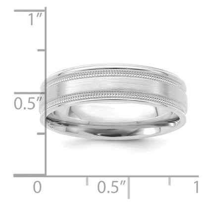14K White Gold 6mm Lightweight Comfort Fit Brushed Satin/Polished Milgrain Grooved Edge Wedding Band