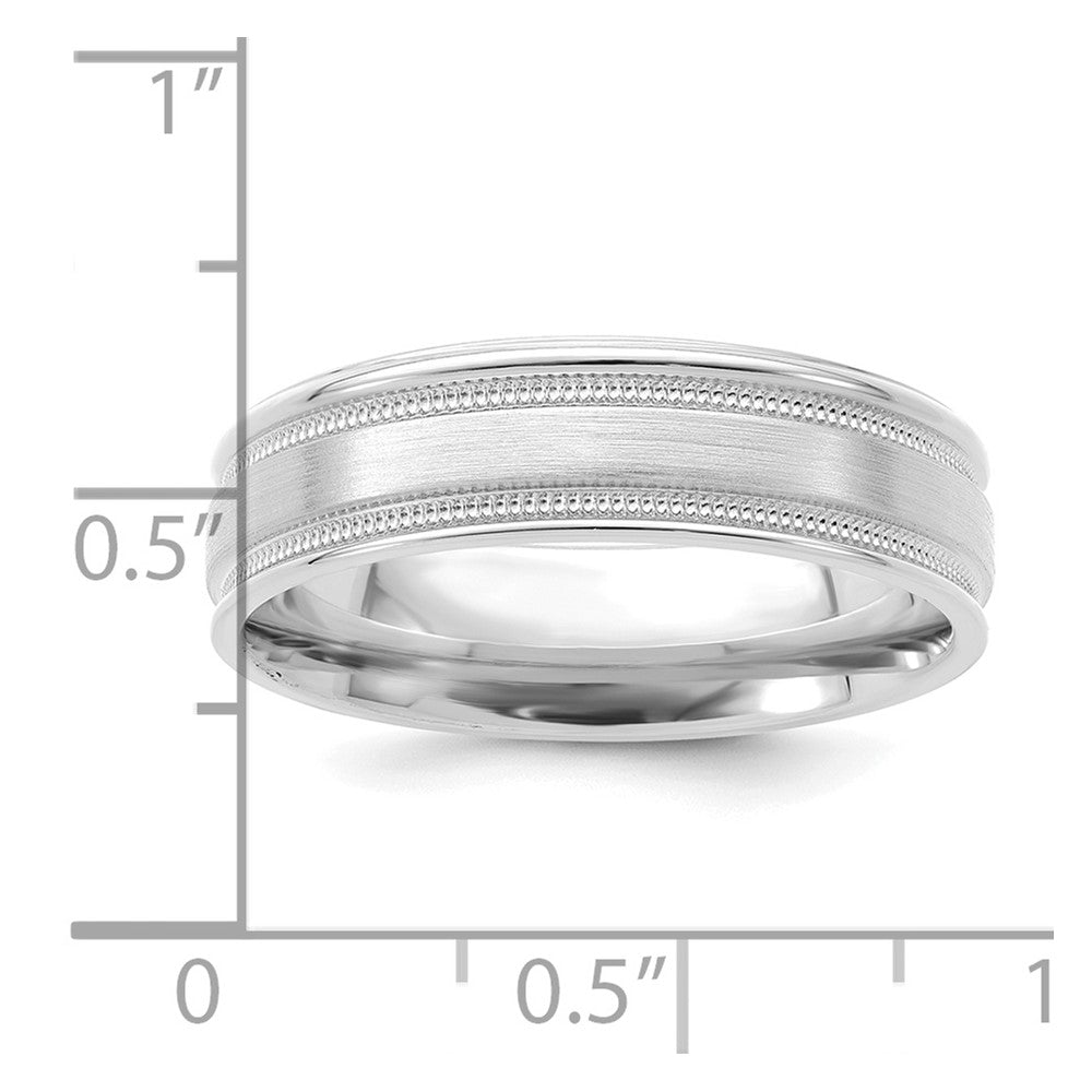 14K White Gold 6mm Lightweight Comfort Fit Brushed Satin/Polished Milgrain Grooved Edge Wedding Band