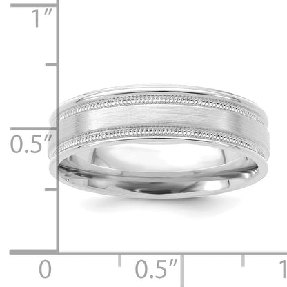 14K White Gold 6mm Standard Weight Comfort Fit Brushed Satin/Polished Milgrain Grooved Edge Wedding Band